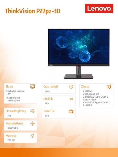 Lenovo Monitor ThinkVision P27pz-30 27 cali 63E4GAT2EU Lenovo Monitor ThinkVision P27pz-30 27 cali 63E4GAT2EU