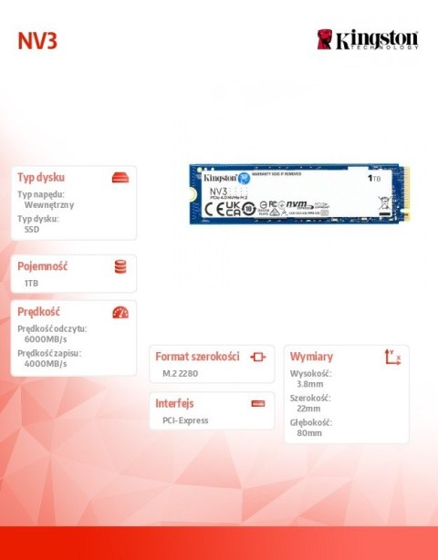 Kingston Dysk SSD NV3 1TB M.2 2280 PCI-e 4.0 NVMe 6000/4000 Kingston Dysk SSD NV3 1TB M.2 2280 PCI-e 4.0 NVMe 6000/4000