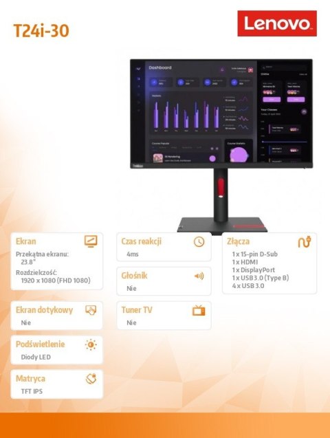 Lenovo Monitor 23.8 ThinkVision T24i-30 63CFMATXEU Lenovo Monitor 23.8 ThinkVision T24i-30 63CFMATXEU