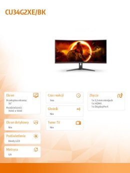 AOC Monitor 34 cale CU34G2XE 34 cale VA Zakrzywiony 144Hz HDMI DP