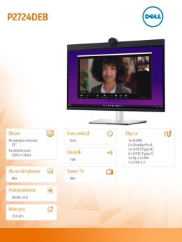 Dell Monitor P2724DEB 27 cali LED IPS QHD (2560x1440)/16:9/HDMI/DP/RJ-45/Kamera/Głośniki/Mikrofon/3YPPG