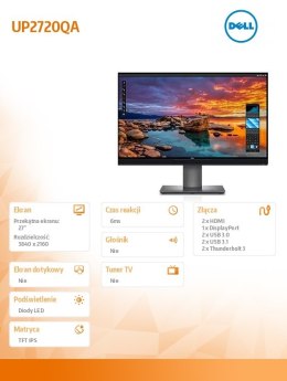 Dell Monitor UP2720QA 27 cali IPS UHD/HDMI/DP/Thunderbolt 3/3Y PPG