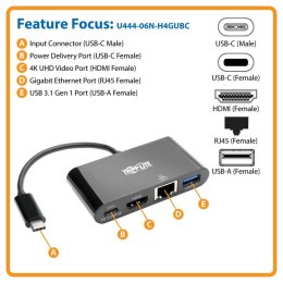 Eaton Wieloportowy adapter USB-C 4K HDMI, port USB-A, GbE, ładowanie PD 60 W, HDCP U444-06N-H4GUBC Czarny